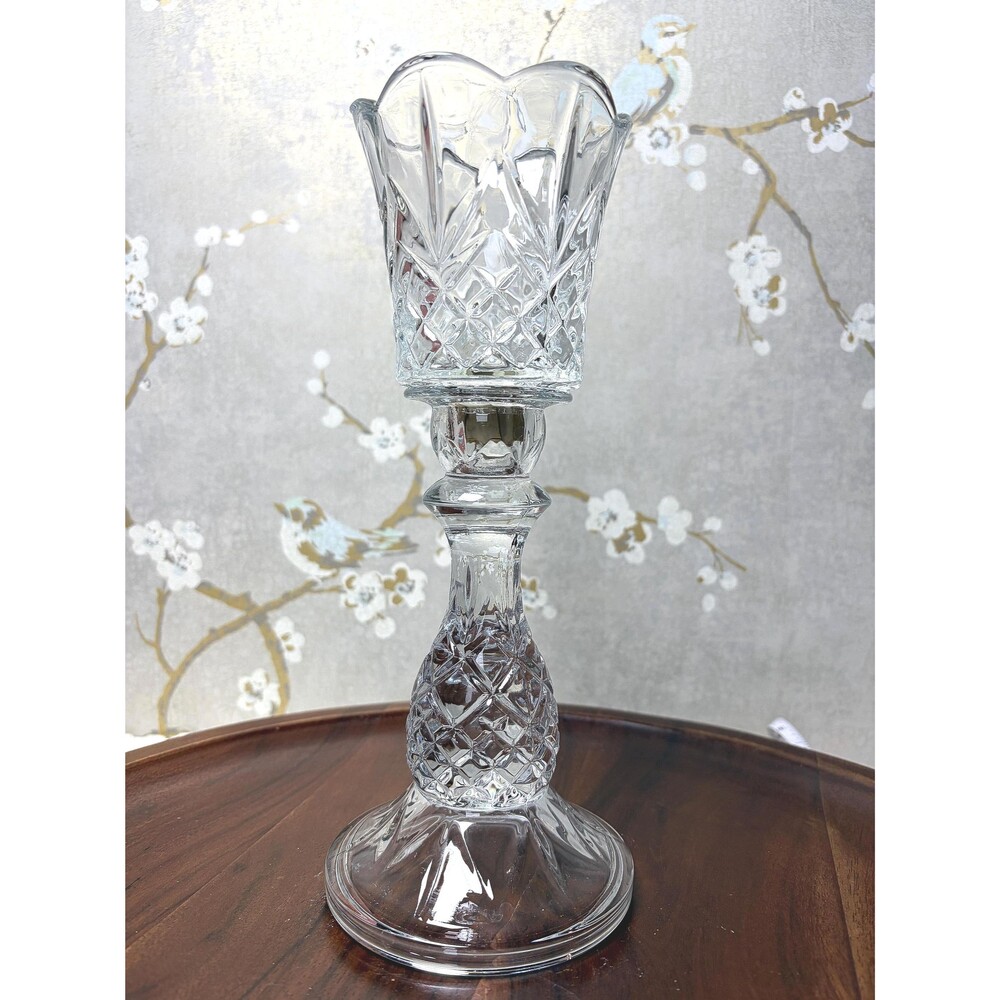 VTG Homeco Clear Pressed Glass Hurricane Candle Holder Peg Votive Scalloped